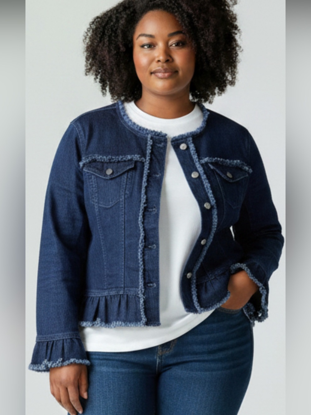 Ann Taylor Dark Wash Frayed Trim Denim Jacket Button Front